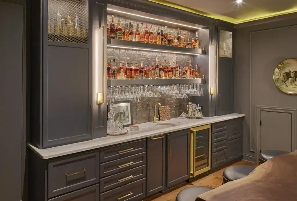 grey cabinets in home bar