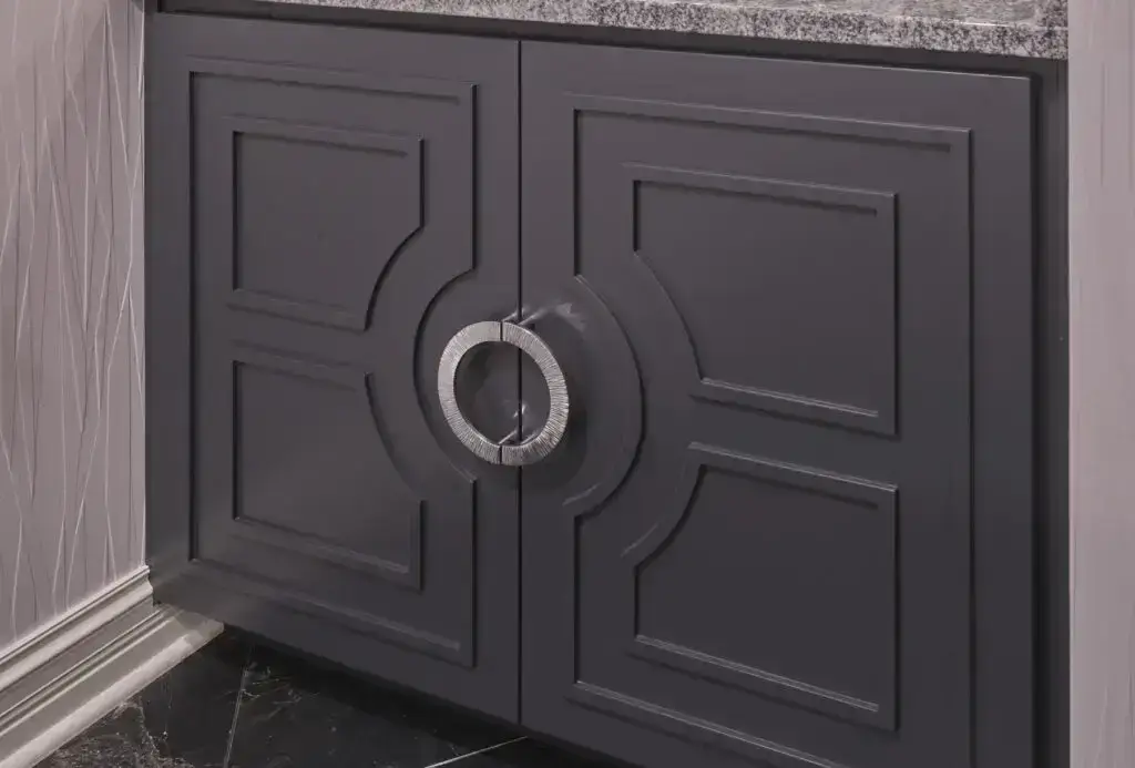 grey cabinet with round silver handle