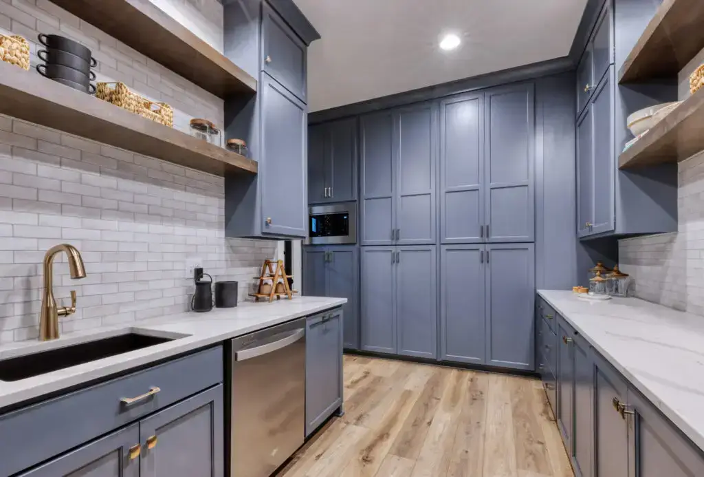 kitchen with grey blue cabinets